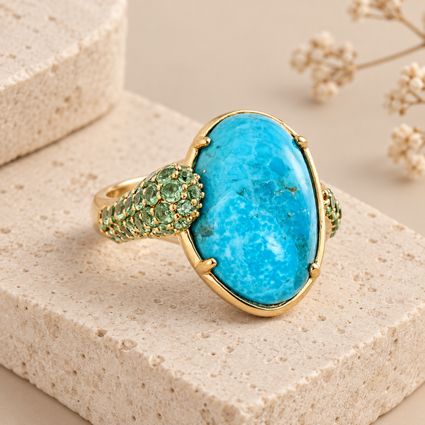 Kingman Turquoise Statement Dinner Ring Sterling Silver Gold Plated for Women