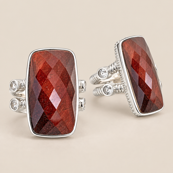 Red Tigers Eye Large Gemstone Dinner Ring Sterling Silver Rhodium for Women