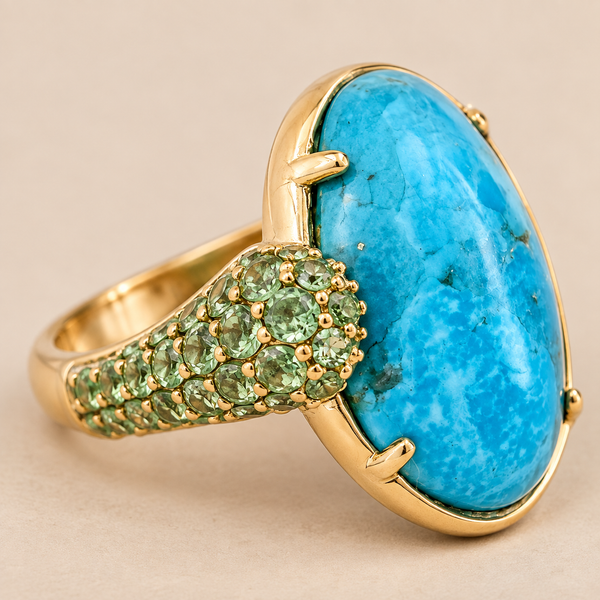 Kingman Turquoise Statement Dinner Ring Sterling Silver Gold Plated for Women