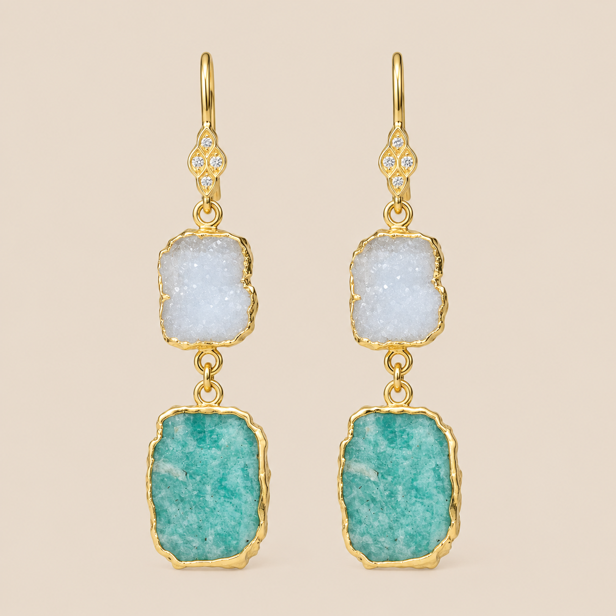 White Druzy Amazonite and Apatite Sterling Silver Gold Plated Earrings