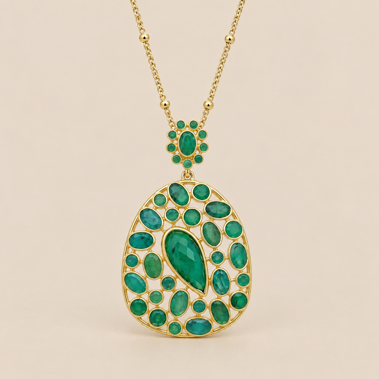 Emerald Statement Pendant Necklace 18 Inch Satellite Chain with 2 Inch Extender Sterling Silver Gold Plated