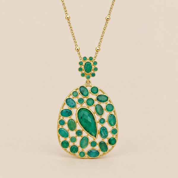 Emerald Statement Pendant Necklace 18 Inch Satellite Chain with 2 Inch Extender Sterling Silver Gold Plated