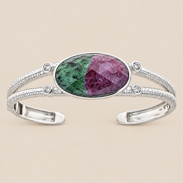 Ruby in Zoisite Sterling Silver Rhodium Gemstone Cuff Bangle Bracelet