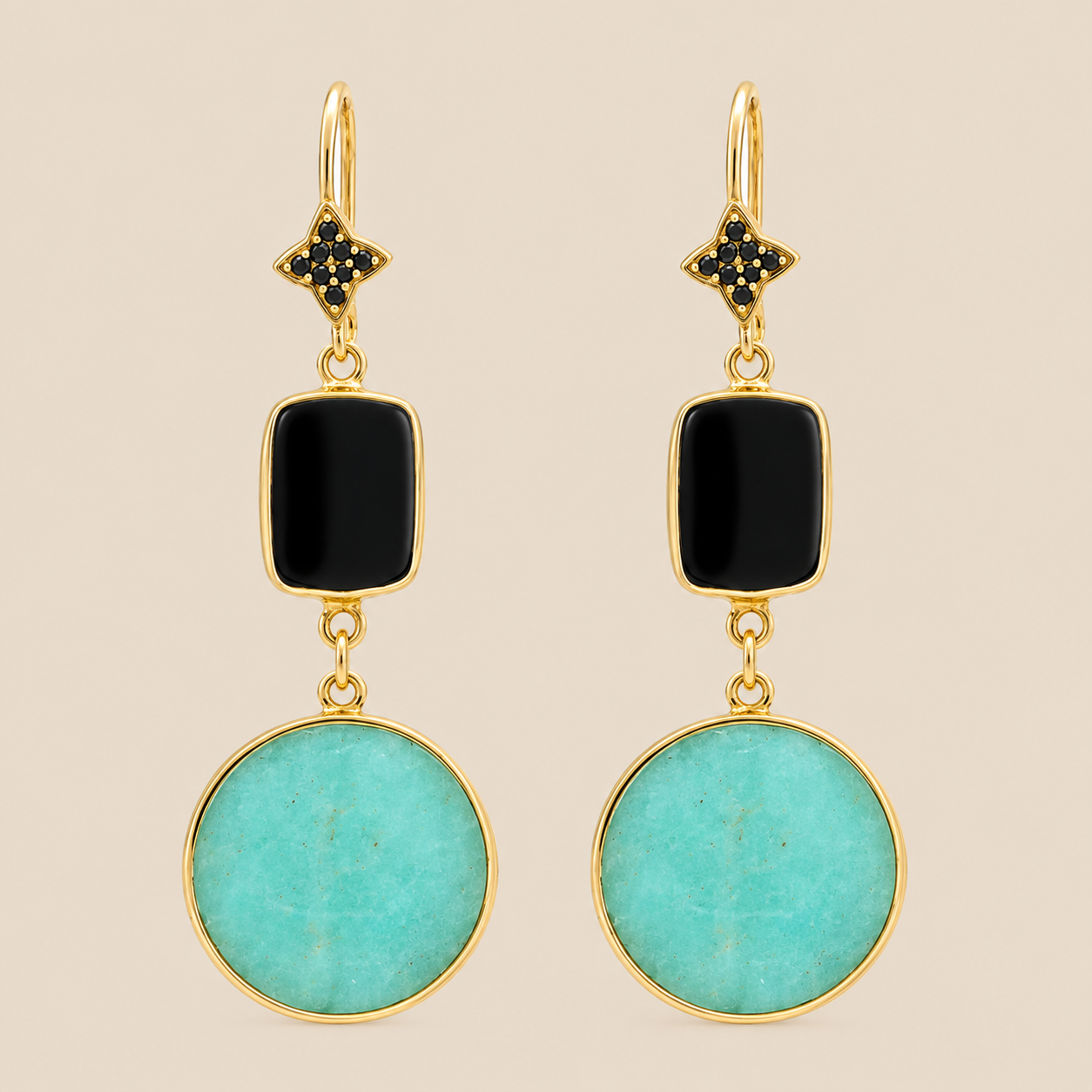 Black Onyx and Amazonite Unique Dangle Earrings Sterling Silver Gold Plated