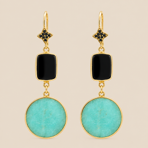 Black Onyx and Amazonite Unique Dangle Earrings Sterling Silver Gold Plated