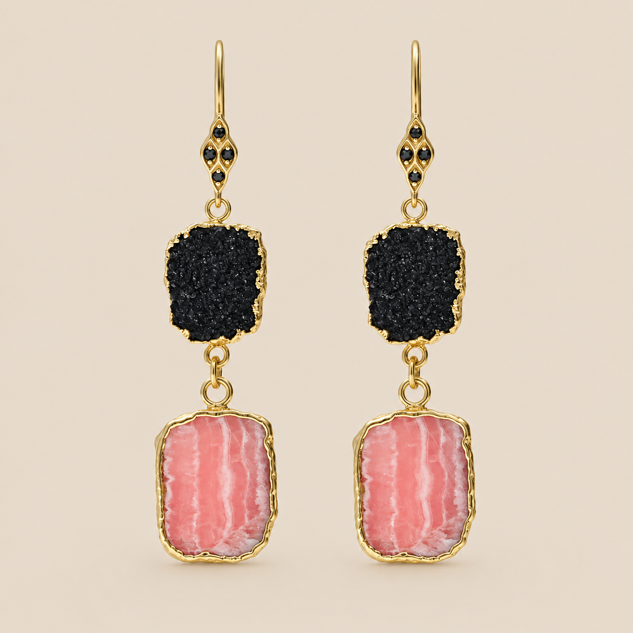 Black Druzy and Rhodochrosite Unique Dangle Earrings Sterling Silver Gold Plated Earrings