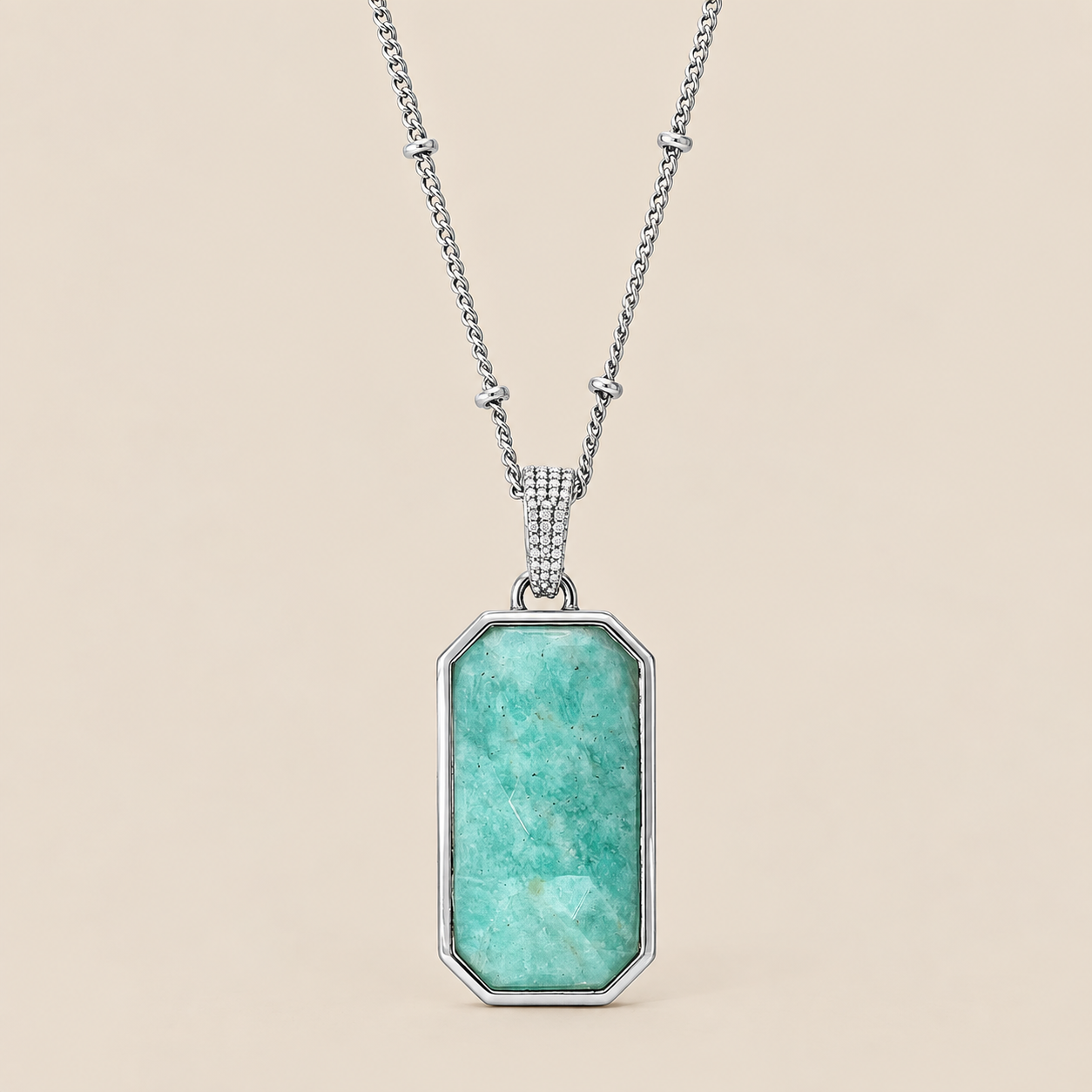 Amazonite Gemstone Long Pendant Necklace 18 Inch Chain Sterling Silver Rhodium with 2 Inch Extender enhancer
