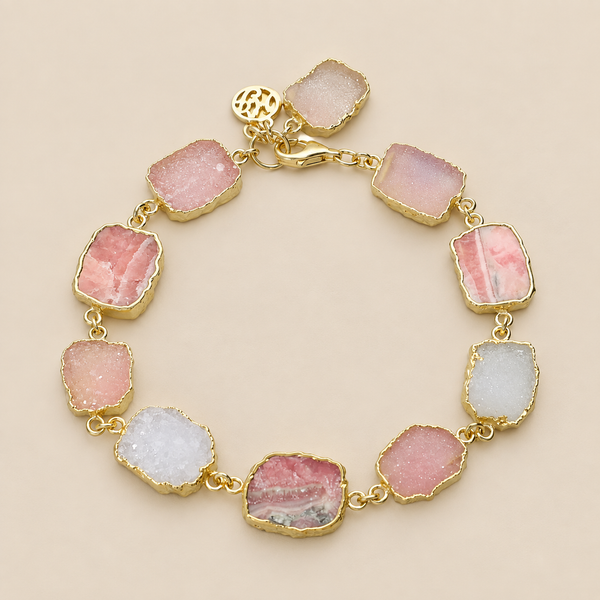 Rhodochrosite and Druzy Semi Precious Gemstone Bracelet