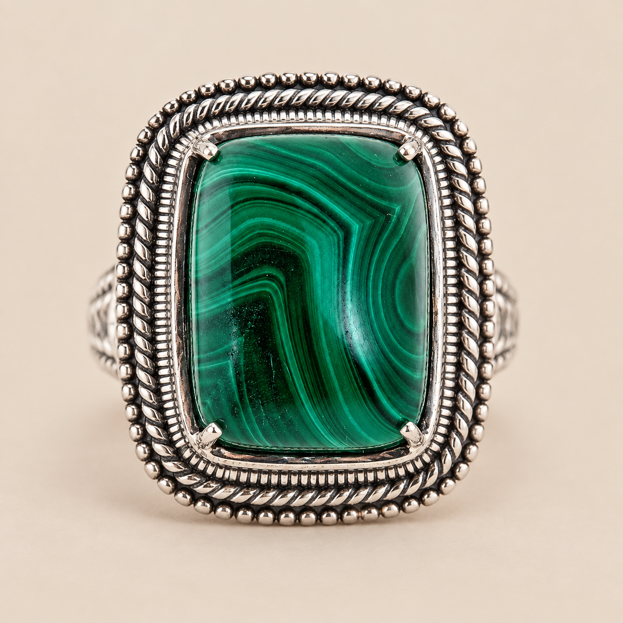 Malachite Large Gemstone Statement Dinner Ring Sterling Silver Rhodium for Women