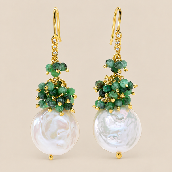Emerald and Fresh Water Pearl Unique Dangle Drop Earrings Sterling Silver Gold Plated