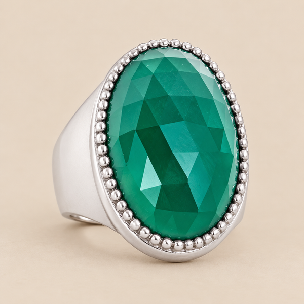 Green Chalcedony Large Gemstone Statement Cocktail Ring Sterling Silver Rhodium for Women