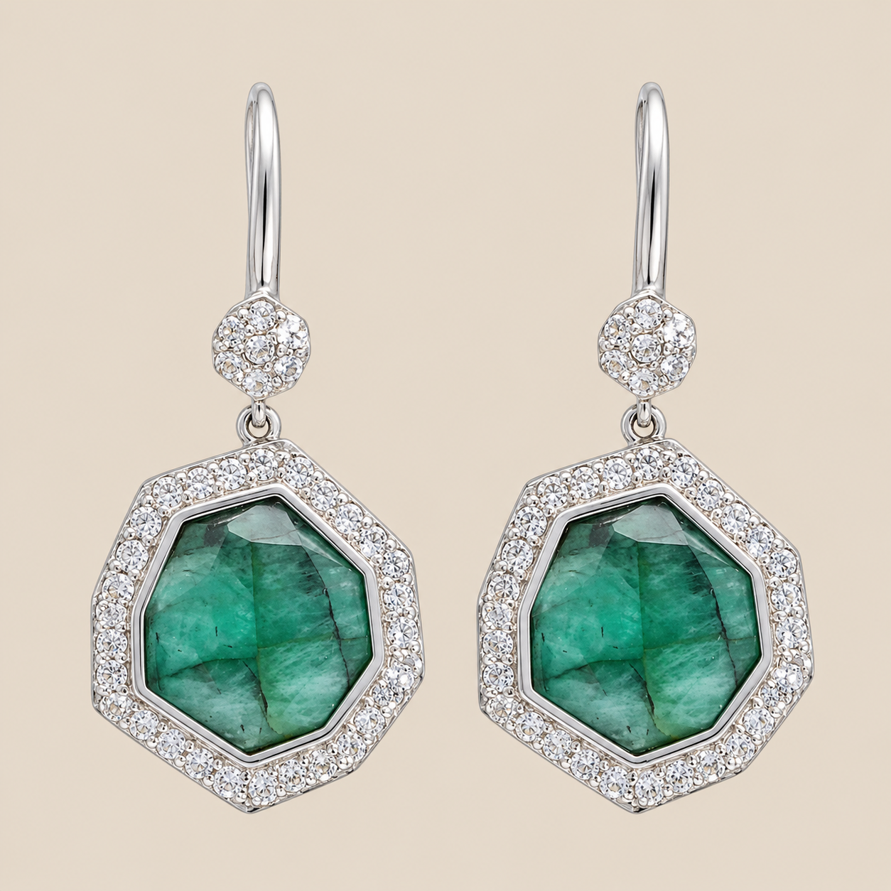 Emerald Gemstone Statement Drop Earrings Sterling Silver Rhodium
