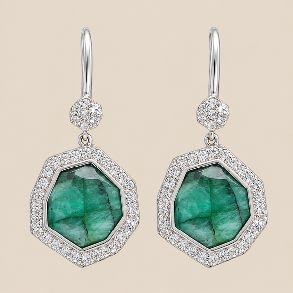 Emerald Gemstone Statement Drop Earrings Sterling Silver Rhodium