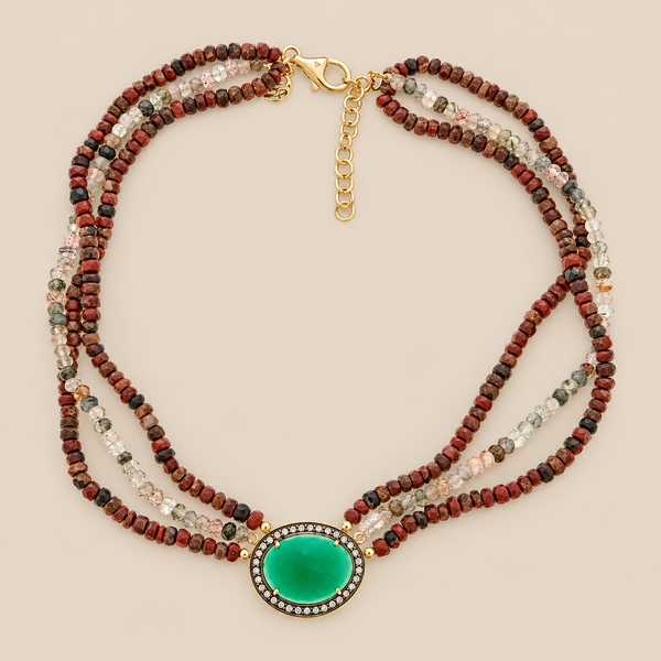 Green Onyx and Jasper Extra Long Beaded Multi Strand Vintage Necklace Sterling Silver Gold Plated