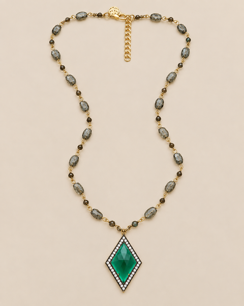 Green Chalcedony Long Strand Vintage Pendant Necklace on 19 Inch Pyrite Chain with 2 Inch Extender