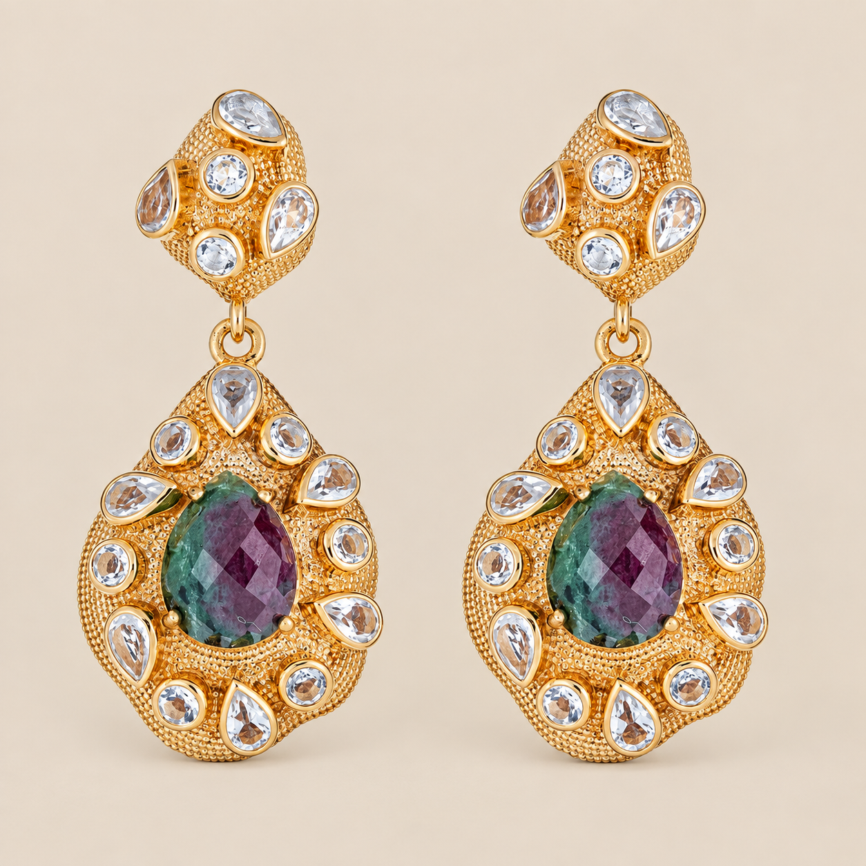 Ruby in Zoisite Vintage Style Drop Earrings Sterling Silver Gold Plated