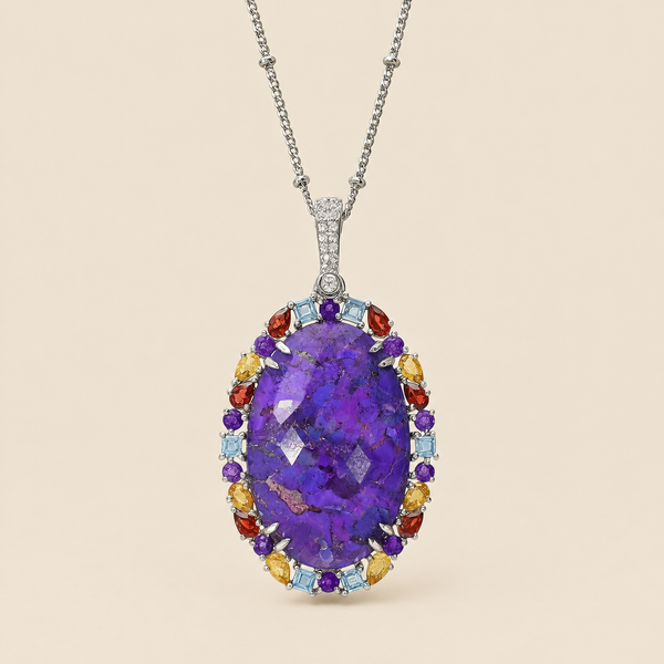 Purple Stabilized Turquoise and Multi Gemstone Sterling Silver Rhodium 30 Inch Satellite Chain enhancer Pendant
