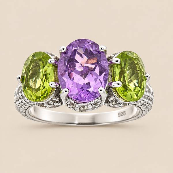 Amethyst and Peridot Statement Cocktail Ring Sterling Silver Rhodium for Ladies