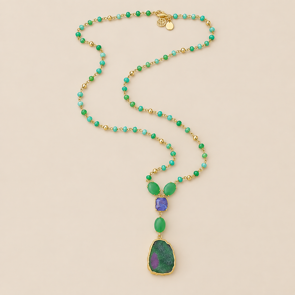 Chrysoprase Chalcedony Extra Long Beaded Strand Pendant Necklace Sterling Silver Gold Plated