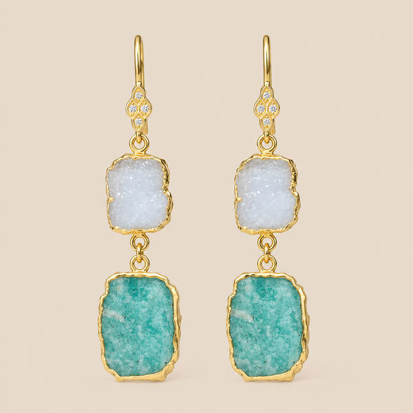 White Druzy Amazonite and Apatite Sterling Silver Gold Plated Earrings