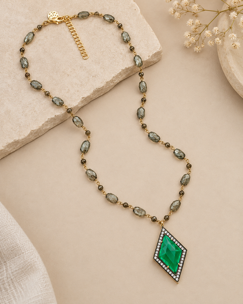 Green Chalcedony Long Strand Vintage Pendant Necklace on 19 Inch Pyrite Chain with 2 Inch Extender