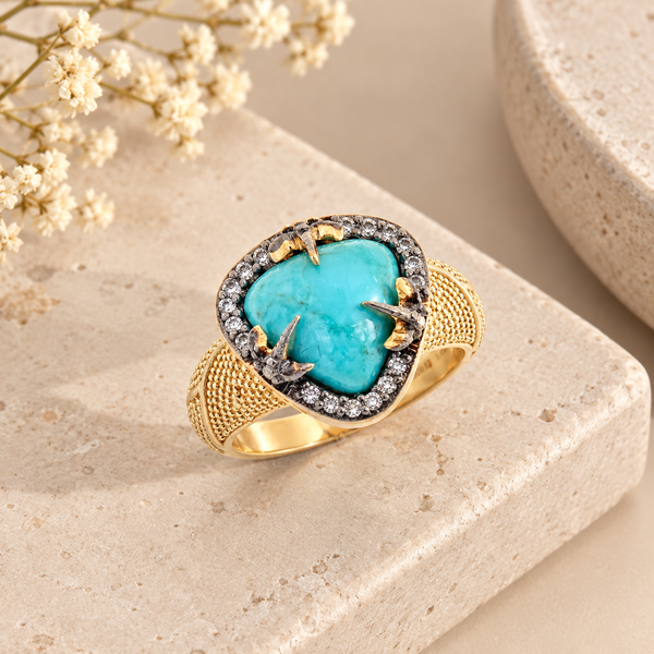 Kingman Turquoise Unique Fashion Ring Sterling Silver Gold Plated for Women