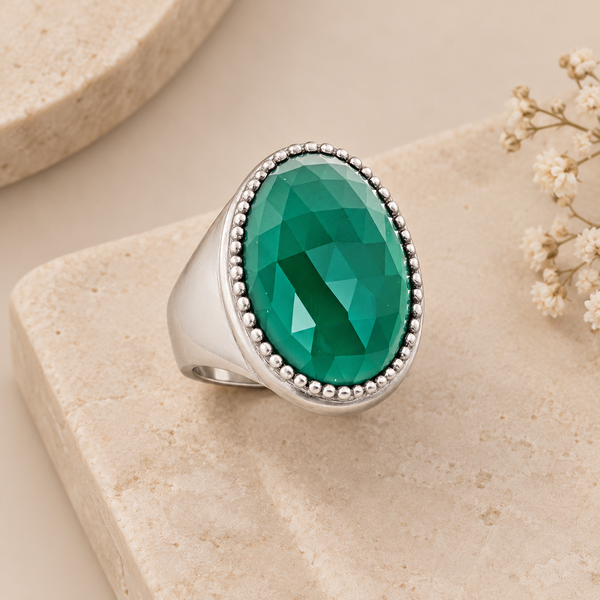 Green Chalcedony Large Gemstone Statement Cocktail Ring Sterling Silver Rhodium for Women
