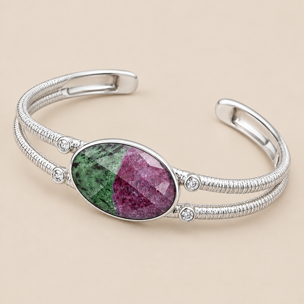 Ruby in Zoisite Sterling Silver Rhodium Gemstone Cuff Bangle Bracelet