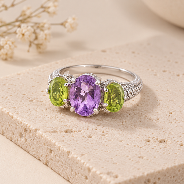 Amethyst and Peridot Statement Cocktail Ring Sterling Silver Rhodium for Ladies