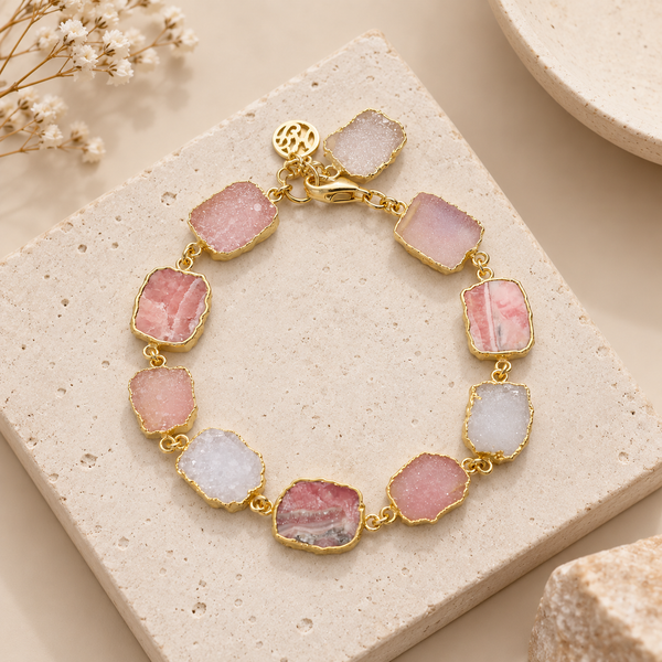 Rhodochrosite and Druzy Semi Precious Gemstone Bracelet