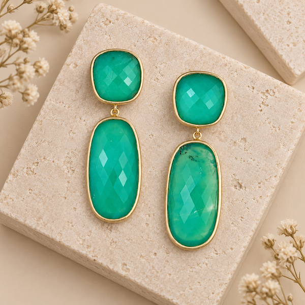 Chrysoprase Rectangle Dangle Drop Earrings Sterling Silver Gold Plated