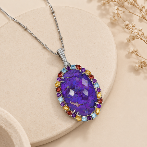 Purple Stabilized Turquoise and Multi Gemstone Sterling Silver Rhodium 30 Inch Satellite Chain enhancer Pendant