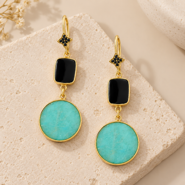 Black Onyx and Amazonite Unique Dangle Earrings Sterling Silver Gold Plated