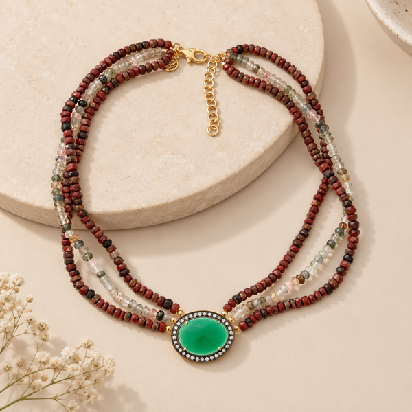 Green Onyx and Jasper Extra Long Beaded Multi Strand Vintage Necklace Sterling Silver Gold Plated