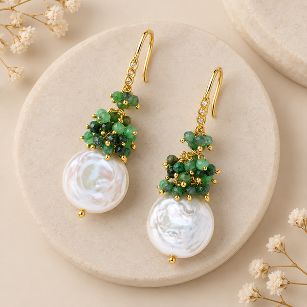 Emerald and Fresh Water Pearl Unique Dangle Drop Earrings Sterling Silver Gold Plated