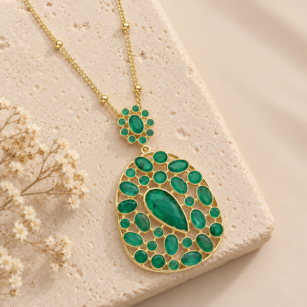 Emerald Statement Pendant Necklace 18 Inch Satellite Chain with 2 Inch Extender Sterling Silver Gold Plated
