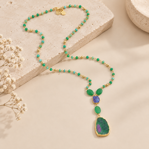 Chrysoprase Chalcedony Extra Long Beaded Strand Pendant Necklace Sterling Silver Gold Plated