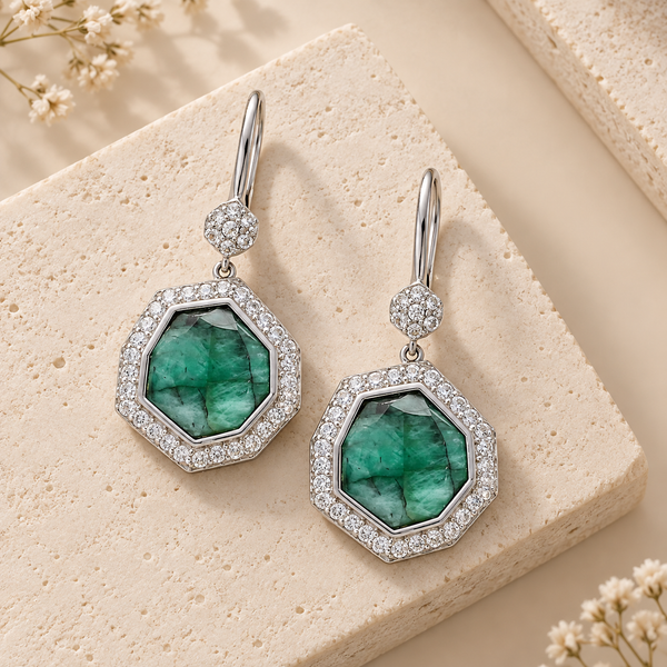 Emerald Gemstone Statement Drop Earrings Sterling Silver Rhodium