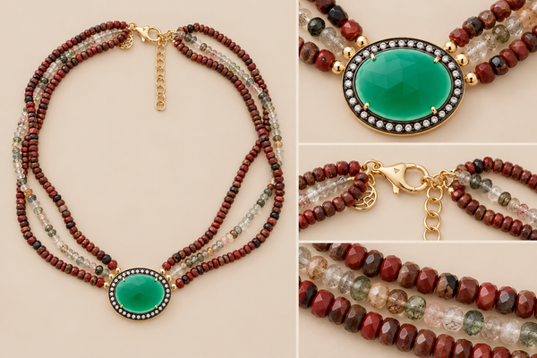 Green Onyx and Jasper Extra Long Beaded Multi Strand Vintage Necklace Sterling Silver Gold Plated