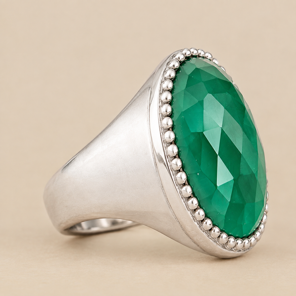 Green Chalcedony Large Gemstone Statement Cocktail Ring Sterling Silver Rhodium for Women
