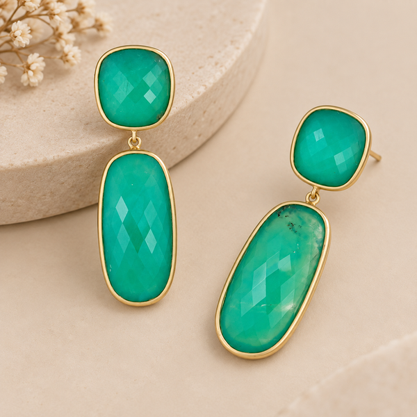 Chrysoprase Rectangle Dangle Drop Earrings Sterling Silver Gold Plated