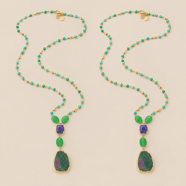 Chrysoprase Chalcedony Extra Long Beaded Strand Pendant Necklace Sterling Silver Gold Plated