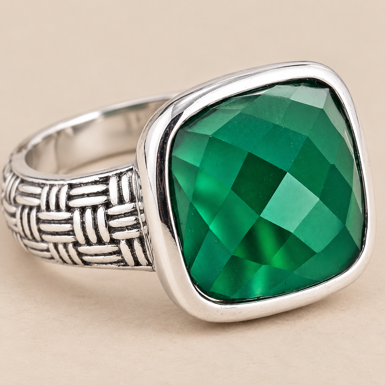 Green Chalcedony Large Gemstone Cocktail Ring Sterling Silver Rhodium for Women