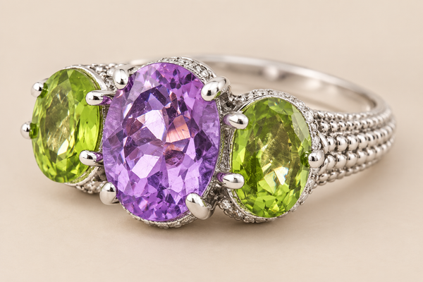Amethyst and Peridot Statement Cocktail Ring Sterling Silver Rhodium for Ladies