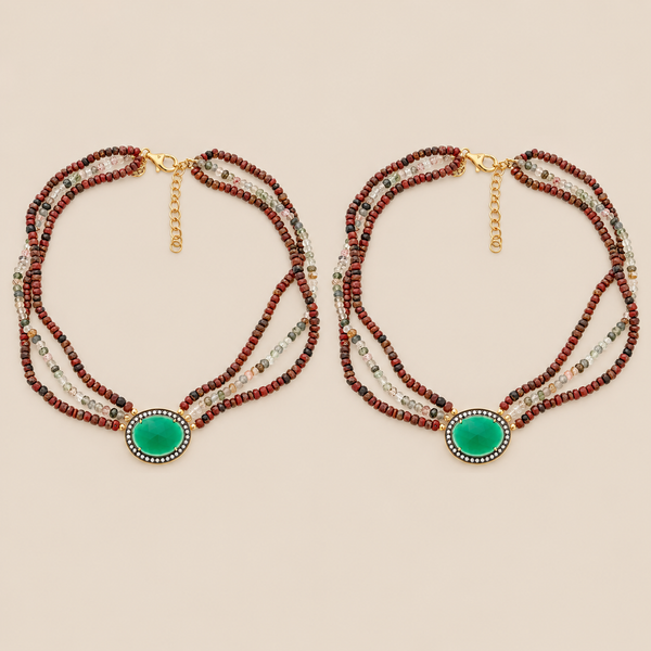 Green Onyx and Jasper Extra Long Beaded Multi Strand Vintage Necklace Sterling Silver Gold Plated