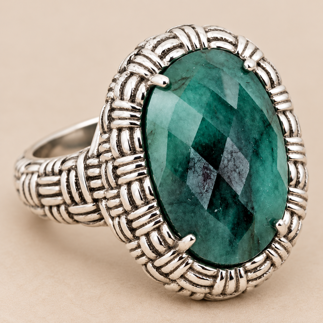 Emerald Large Gemstone Statement Cocktail Ring Sterling Silver Rhodium for Ladies