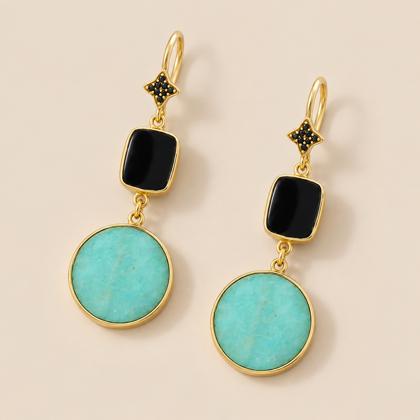 Black Onyx and Amazonite Unique Dangle Earrings Sterling Silver Gold Plated