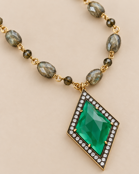 Green Chalcedony Long Strand Vintage Pendant Necklace on 19 Inch Pyrite Chain with 2 Inch Extender
