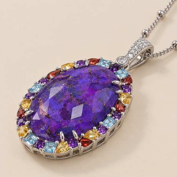 Purple Stabilized Turquoise and Multi Gemstone Sterling Silver Rhodium 30 Inch Satellite Chain enhancer Pendant