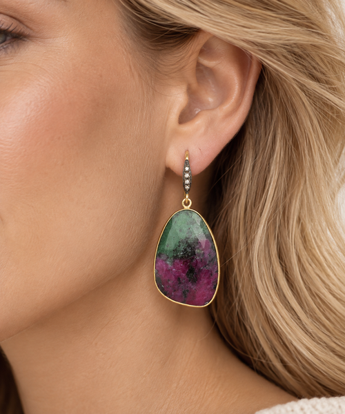 Ruby in Zoisite and Champagne Diamond Sterling Silver Gold Plated Earrings